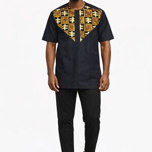 Men’s African Dashiki Shirt – Navy Blue Ankara Chest Panel Short Sleeve Top